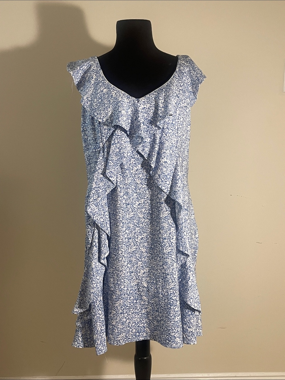 Blue Floral Ruffle Sleeveless Dress